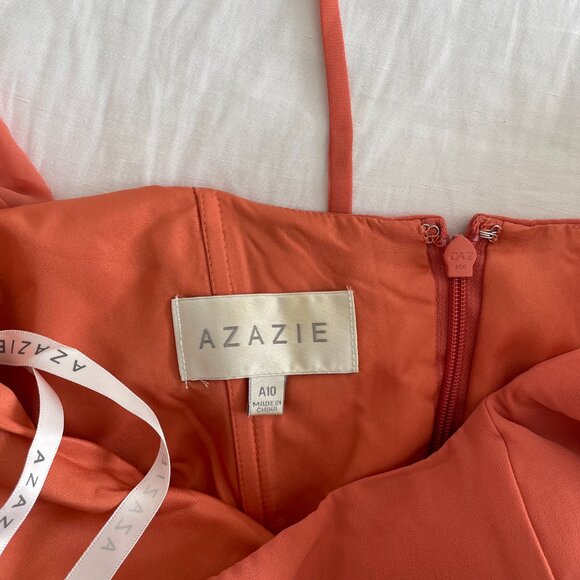 NWT Azazie Bondi Stretch Rust A-Line Bow Stretch Satin Dress - Picture 12 of 14